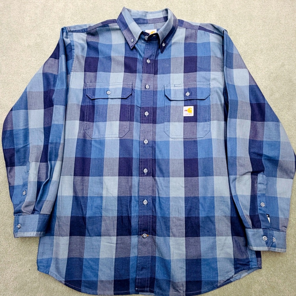 Carhartt FR Flame Resistant Blue Plaid Button Down Shirt Mens Large 104507 CAT 2